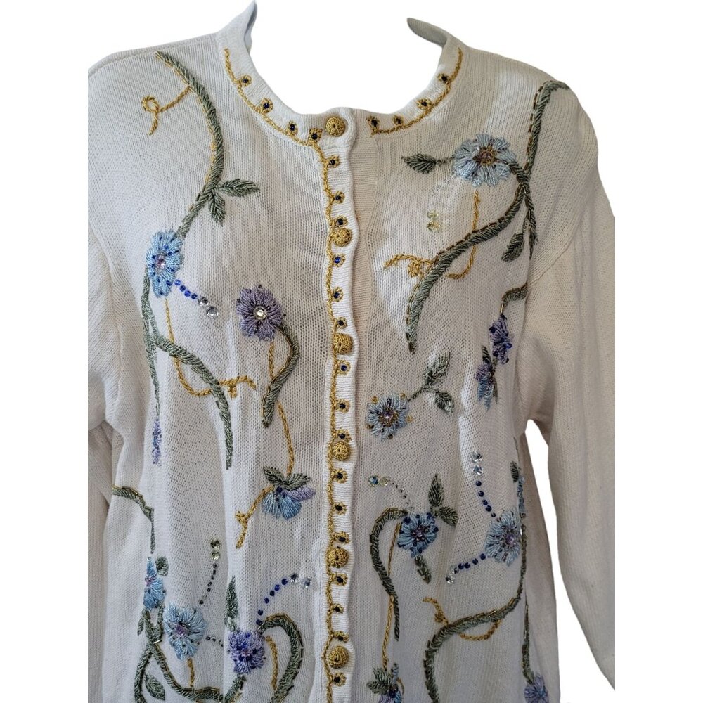 Arriviste Cardigan Sweater L Womens Embroidered‎ Beaded Floral Design Ramie